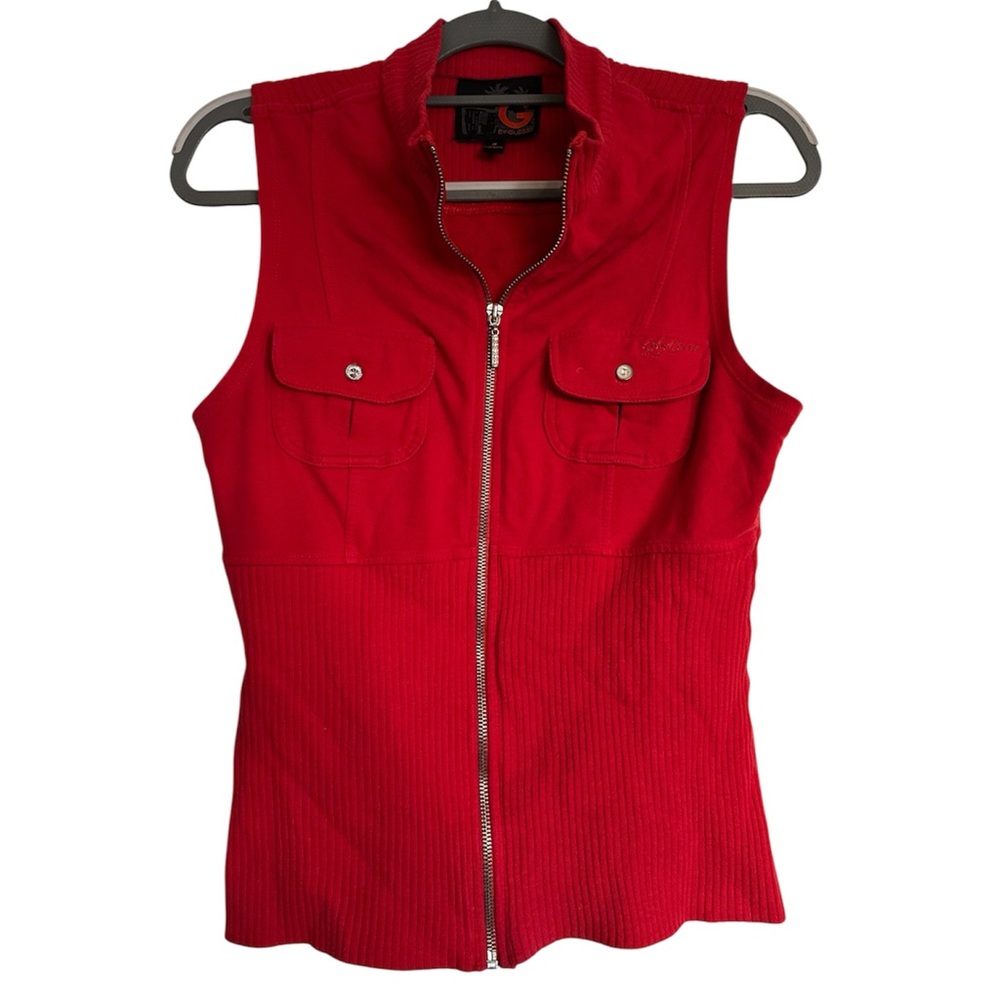 G by Guess Red Ribbed Full Zip-Up Vest Top Y2K Vintage